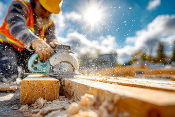 Construction worker in safety vest and helmet cutting wooden beam with circular saw under bright sun, wood dust flying in the air. Woodworking, lumber construction, craftsmanship
