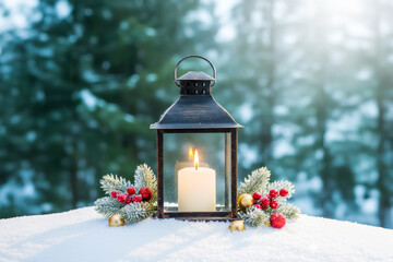 Christmas Lantern With Burning Candle On Snow Decorated With Fir Branches. Concept of Winter Holidays, Festive Outdoor Decor, Seasonal Atmosphere, Christmas Inspiration, And Holiday Visuals