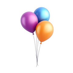 A arrangement of three helium balloons in purple. blue. and orange colors. floating gracefully against a clean white background. perfect for celebrations and festive occasions