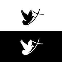 Dove icon. Black silhouette of a dove with a cross symbol. Religious icon. Vector illustration.