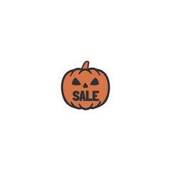 Halloween Pumpkin SALE Icon – Carved Jack O’Lantern with Discount Label – Spooky Holiday Promotion – Flat Vector Illustration