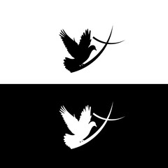 Dove icon. Black silhouette of a dove with a cross symbol. Religious icon. Vector illustration.