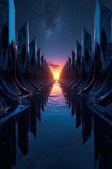 A pathway lined with jagged, dark structures leads to a vibrant sunset through a tranquil body of water, reflecting the starry night sky.