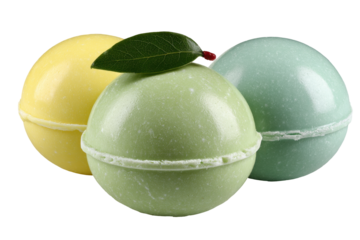 Vibrant Collection of Colorful Bath Bombs with Natural Leaf Garnish for a Luxurious Spa Experience at Home isolated on transparent background