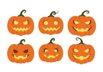 Vector art of a vibrant halloween display featuring a collection of carved pumpkins with various spooky and smiling faces, some adorned with witch hats, , creating a festive and playful atmosphere