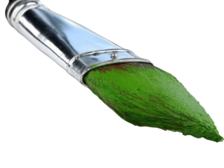 A Close-Up View of a Paintbrush with Vivid Green Paint, Highlighting the Texture and Detail of the Bristles Against isolated on transparent background