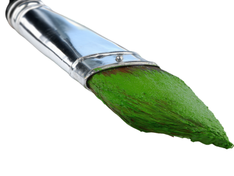 A Close-Up View of a Paintbrush with Vivid Green Paint, Highlighting the Texture and Detail of the Bristles Against isolated on transparent background