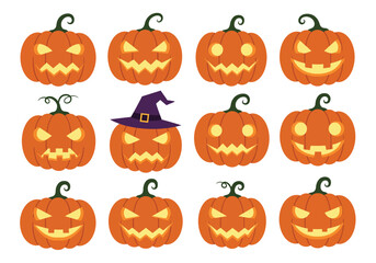 Vector art of a vibrant halloween display featuring a collection of carved pumpkins with various spooky and smiling faces, some adorned with witch hats, , creating a festive and playful atmosphere