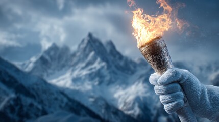 A white-gloved hand holds the burning Olympic torch against a backdrop of snow-capped mountains, a concept of the Winter Olympics in Italy.