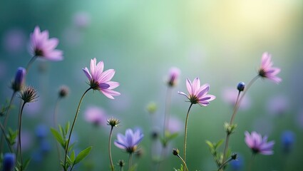 Fototapeta premium Delicate pink and purple flowers gently sway in a soft, natural light.