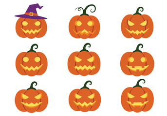Vector art of a vibrant halloween display featuring a collection of carved pumpkins with various spooky and smiling faces, some adorned with witch hats, , creating a festive and playful atmosphere