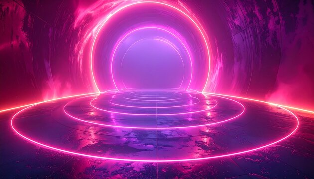 Neon rings in a vibrant purple and pink space