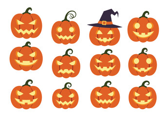 Vector art of a vibrant halloween display featuring a collection of carved pumpkins with various spooky and smiling faces, some adorned with witch hats, , creating a festive and playful atmosphere