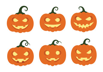 Vector art of a vibrant halloween display featuring a collection of carved pumpkins with various spooky and smiling faces, some adorned with witch hats, , creating a festive and playful atmosphere