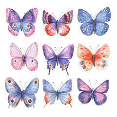 A collection of nine watercolor butterflies diverse colors and patterns. set against a clean white background. ideal for nature-themed designs or educational materials