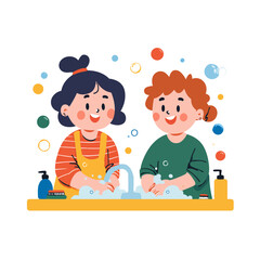 Two happy children washing their hands together at a sink, soap bubbles, hygiene.