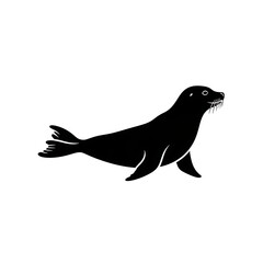 Black silhouette of a seal swimming, isolated on white background