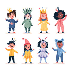 Eight adorable children dressed in diverse and playful costumes for a festive occasion.