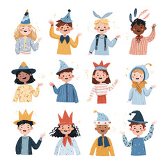 Happy children in whimsical costumes, celebrating with magical sparkles.