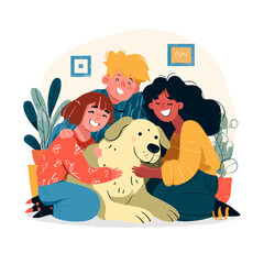 Happy children embracing a large, friendly dog indoors.