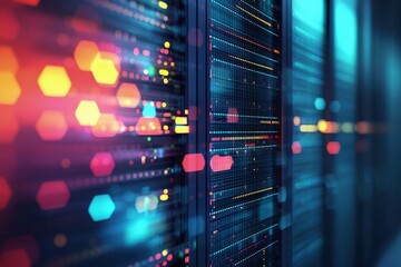 Obraz premium Futuristic data center with illuminated server racks and glowing hexagon light effects for IT infrastructure, cloud storage, and digital technology visuals