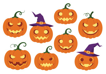 Vector art of a vibrant halloween display featuring a collection of carved pumpkins with various spooky and smiling faces, some adorned with witch hats, , creating a festive and playful atmosphere