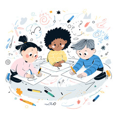 Three diverse children creatively drawing together, surrounded by colorful art supplies and doodles.