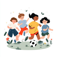 Diverse group of children joyfully playing soccer outdoors.