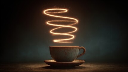 longevity. Vintage coffee cup with an infinite glowing spiral, symbolizing longevity and ritual. bar promotions, beverage menus, designed for food & beverage menus and cafe branding.