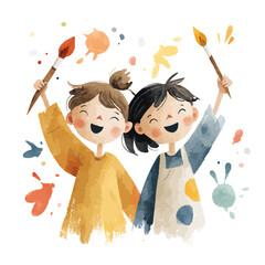 Two joyful girls celebrate art, holding paintbrushes amidst colorful watercolor splashes.