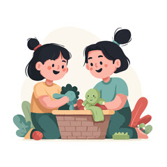 Two happy girls playfully washing their stuffed toys together in a basket outdoors.