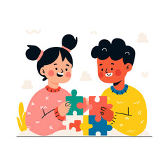 Two smiling children collaboratively assemble a colorful jigsaw puzzle.