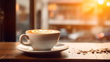 Fototapeta premium Delicious cappuccino coffee cup with latte art on wooden table in cafe with sunlight background photo