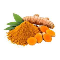 Turmeric Powder and Root Slices on Transparent Background with Green Leaves