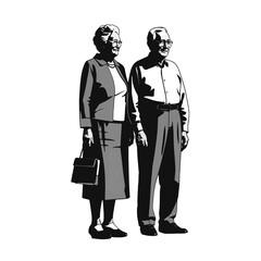 Elderly couple standing together in formal attire with classic style in a simple setting