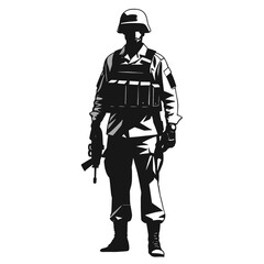 Soldier stands confidently with weapon in hand, showcasing military attire and gear in an undisclosed location