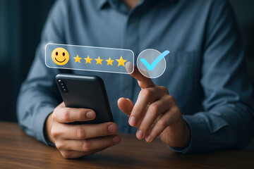 Businessman hand holding smartphone with 5 star customer satisfaction review rating interface. Digital marketing, user experience, service quality, customer feedback, and AI technology concept.