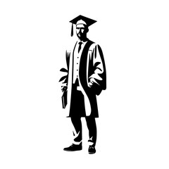 Graduate wearing cap and gown standing confidently with briefcase in hand at a graduation ceremony