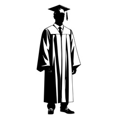 Graduate wearing cap and gown standing confidently with briefcase in hand at a graduation ceremony