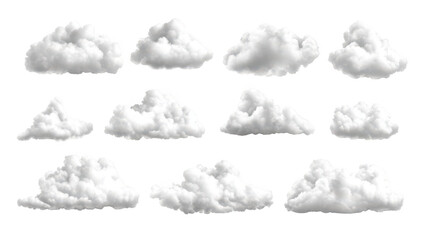 A collection of fluffy. white clouds in various shapes and sizes. set against a clean. white background. ideal for use in graphic design and digital art projects