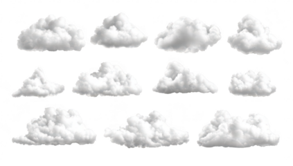 A collection of fluffy. white clouds in various shapes and sizes. set against a clean. white background. ideal for use in graphic design and digital art projects