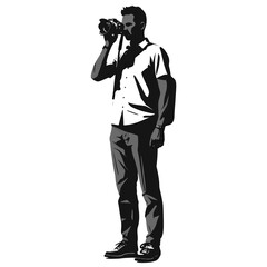 Man taking photographs with a camera in a casual outdoor setting during the day