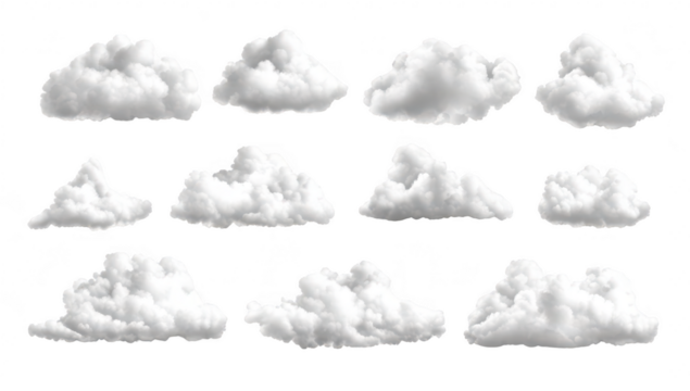 A collection of fluffy. white clouds in various shapes and sizes. set against a clean. white background. ideal for use in graphic design and digital art projects