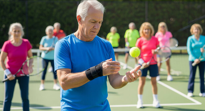 Focused senior man with a wrist support brace preparing to serve a tennis ball during an outdoor group lesson on a sunny day
