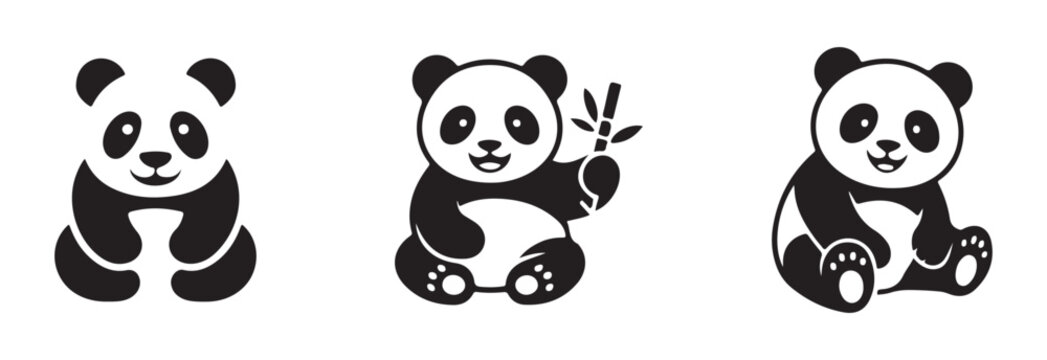Panda silhouettes, panda icon silhouette set, cute animal vector, funny panda cartoon vector,  vector illustration EPS 10.