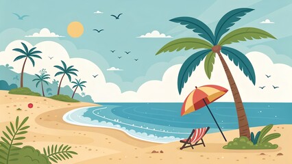 Obraz premium Tropical paradise beach scene with palm trees ocean and relaxing chairs