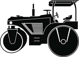 Black and white illustration of a road roller machine asphalt construction