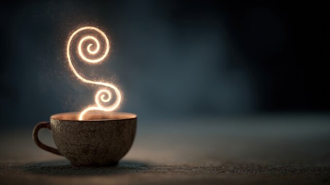 longevity. Vintage coffee cup with an infinite glowing spiral, symbolizing longevity and ritual. bar promotions, beverage menus, designed for food & beverage menus and cafe branding.