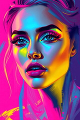 Vibrant Neon Portrait of a Woman, Bold Makeup, Stylish Hair, Digital Art, Bright Colors, Expressive Eyes,  Modern Fashion Illustration.