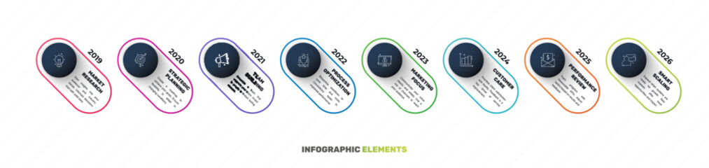 Vector line infographics with 8 circles. Business concept graphic process template with eight steps. Graphic timeline for app, website, interface, chart, levels, web, diagram, banner, presentations